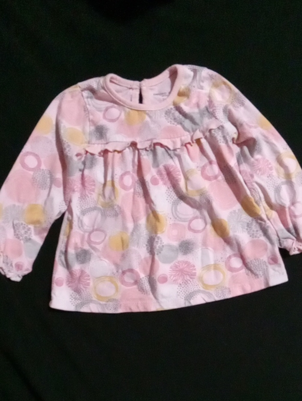 Girls' Pink Long Sleeve Ruffle Yoke Top with Floral & Circle Print
